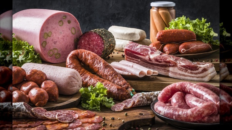 Various pork products on table