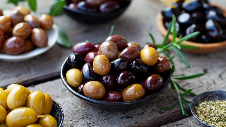 bowls of multi-colored olives