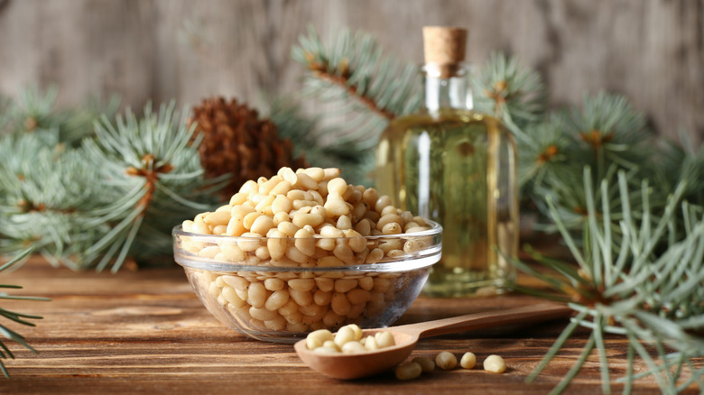 Glass bowl of pine nuts