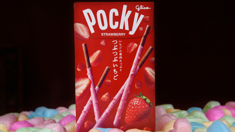 Crunchy strawberry pocky on styrofoam