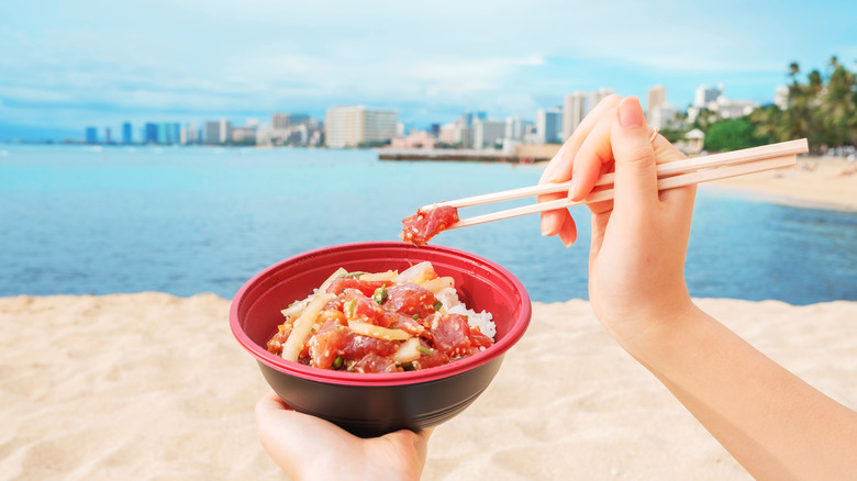 Poke bowl on beach