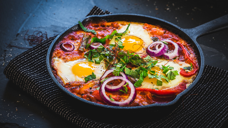 Cast iron pan of shakshuka