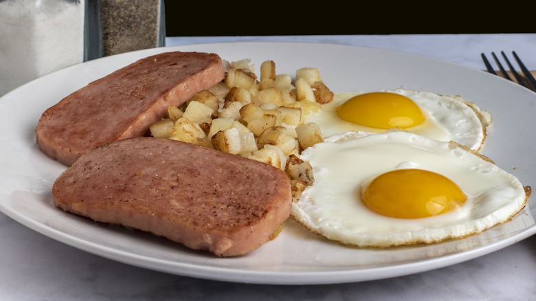 Fried spam eggs and potatoes