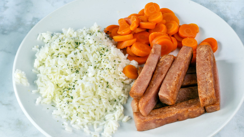 Spam fries, rice, and carrots