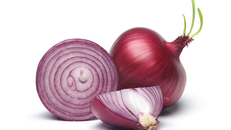sliced red onion and sprouted red onion