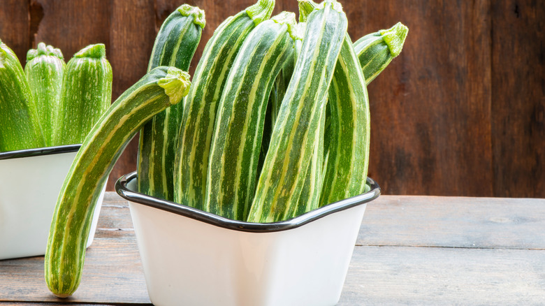 Green tiger zucchini in basket 