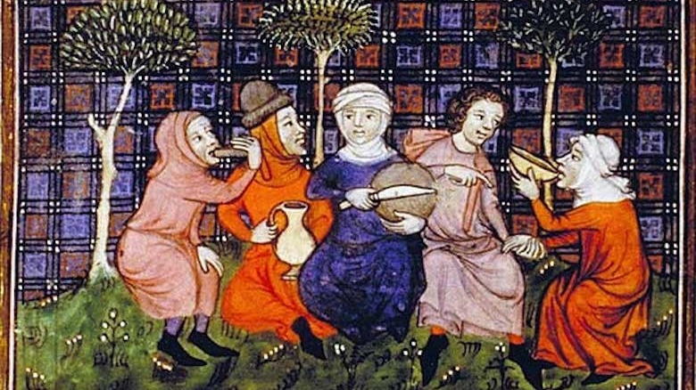 Medieval painting of peasants sharing a meal