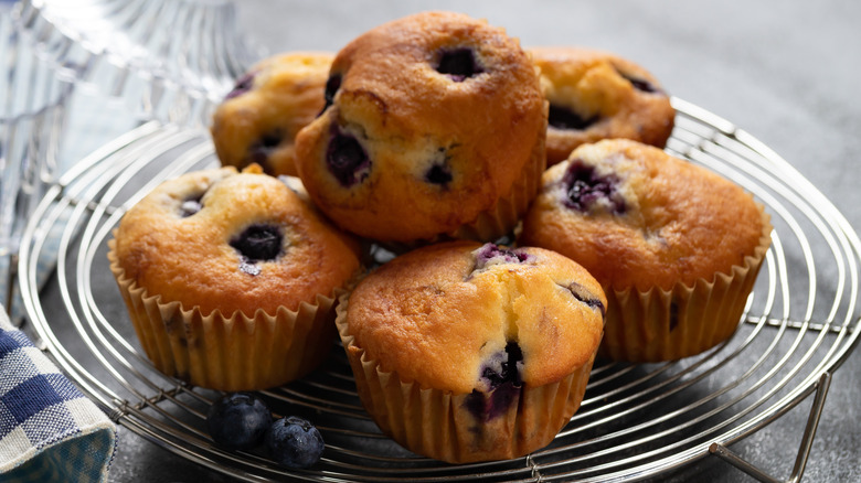 Tray of fresh-baked blueberry cupcakes