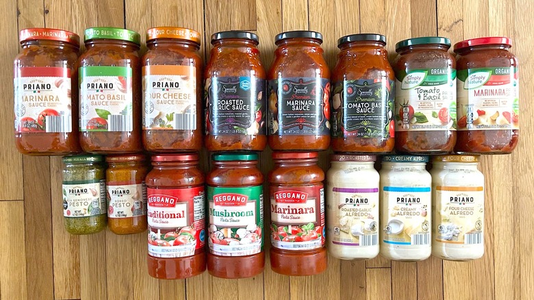 Assorted jars of pasta sauce from Aldi