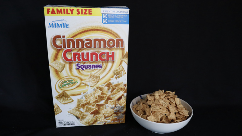 Cinnamon Crunch Squares box next to a bowl of cereal.