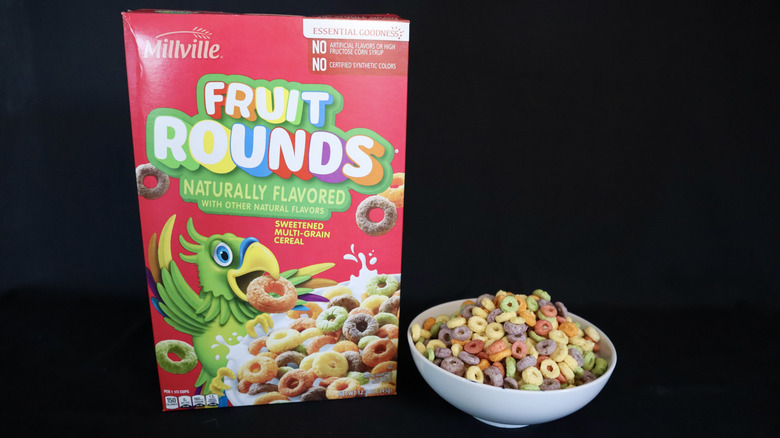 Fruit Rounds box next to a bowl of cereal.