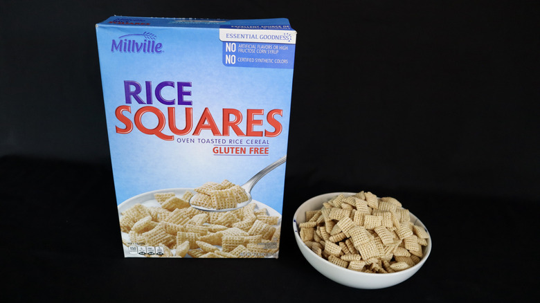 Rice Squares box next to a bowl of cereal.