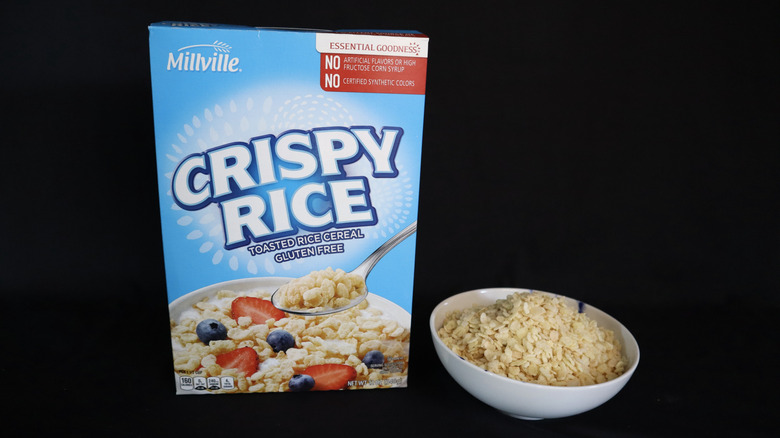 Box of Crispy Rice next to a bowl of cereal.