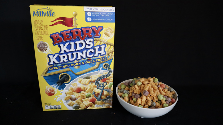 Berry Kid's Krunch box next to a bowl of cereal.