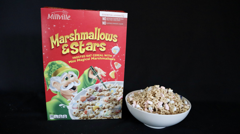 Marshmallows and Stars box next to a bowl of cereal.