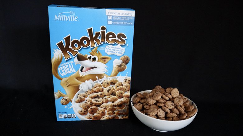 Kookies box next to a bowl of cereal.