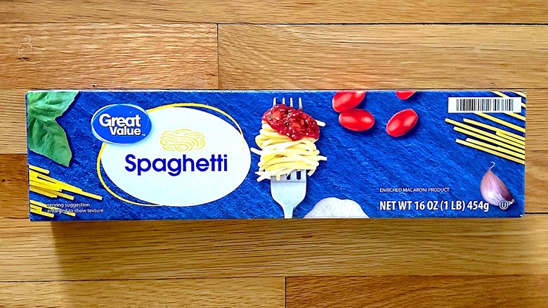 Box of Great Value spaghetti