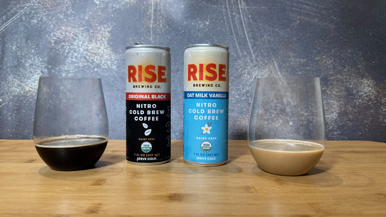 Two cans and glasses of Rise coffee