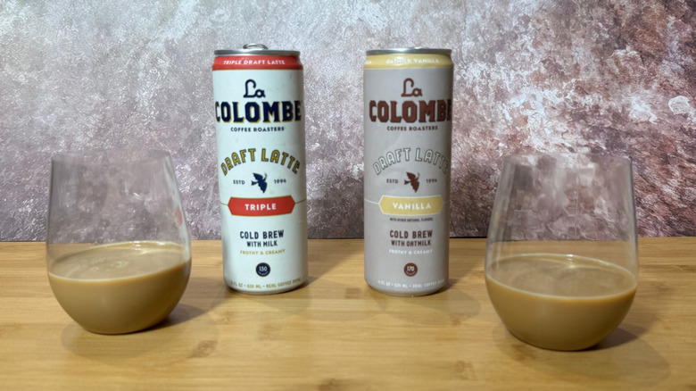 Two cans and glasses of La Colombe coffee