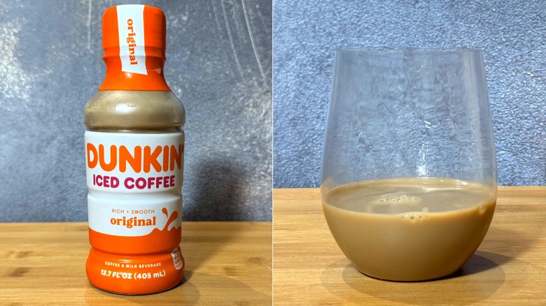 Bottle and glass of Dunkin' coffee