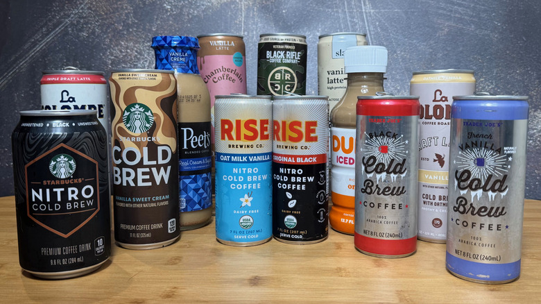 A selection of various canned and bottled coffees