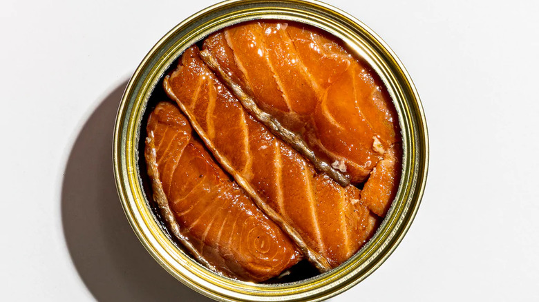 Opened can of smoked salmon