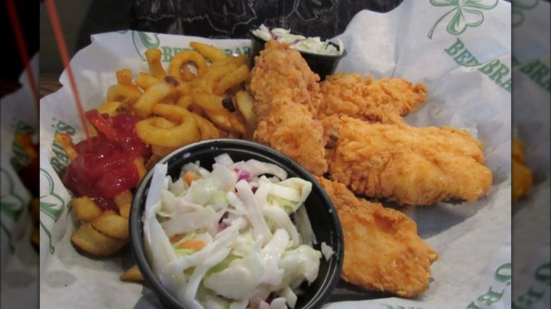 Beef O'Brady's coleslaw with chicken tenders and fries