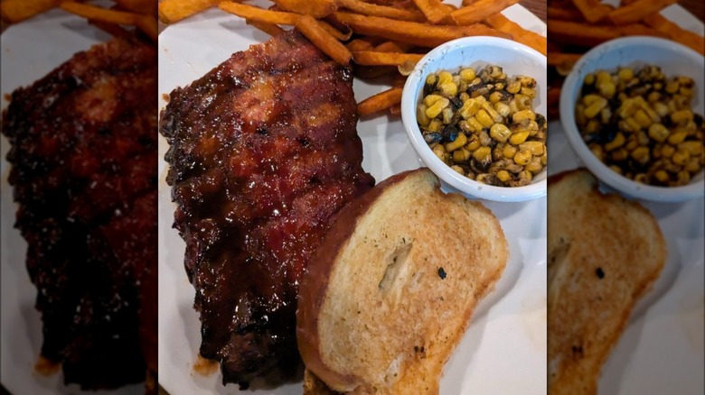 Smokey Bones ribs, corn, sweet potato fries