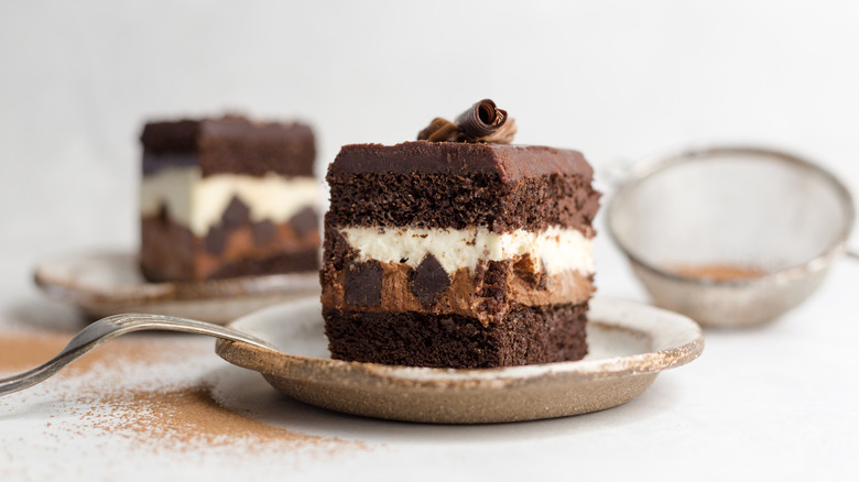 Tuxedo chocolate mousse cake slice