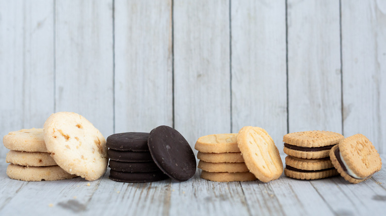 Stacks of assorted Girl Scout cookies