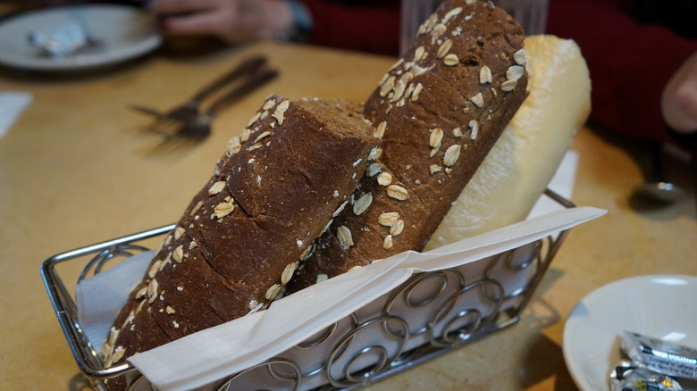 Bread chunks in metal basket