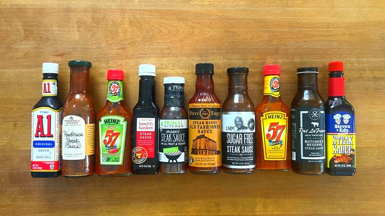 ten steak sauces on counter