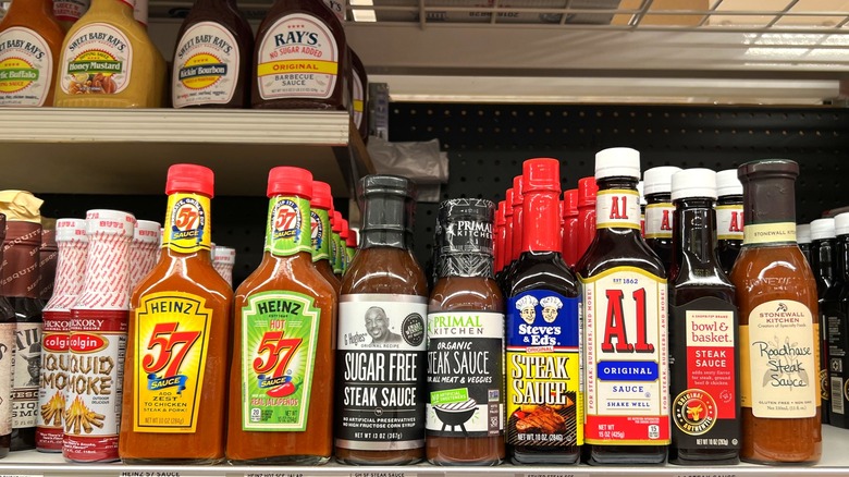 shelf of steak sauces