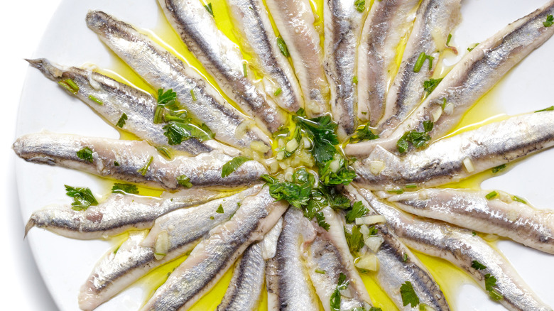 plate of white anchovies