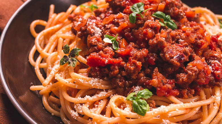 Plate of spaghetti bolognese