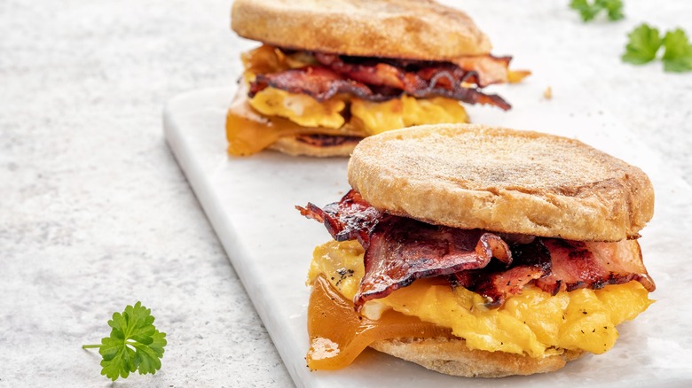 Egg, bacon, cheese English muffin sandwiches