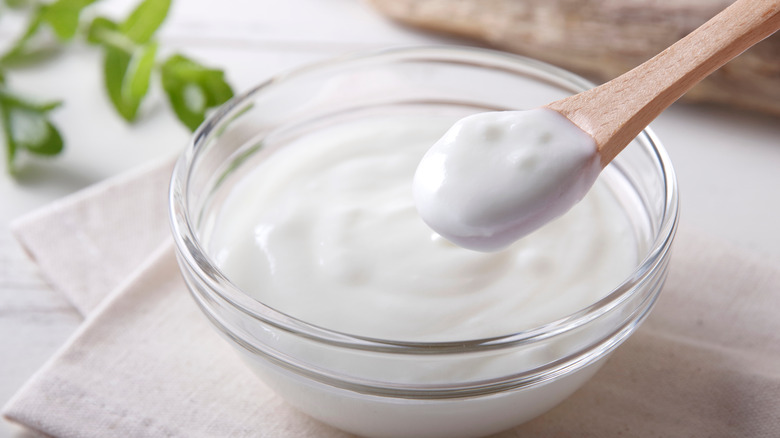 Yogurt in a bowl with a wooden spoon