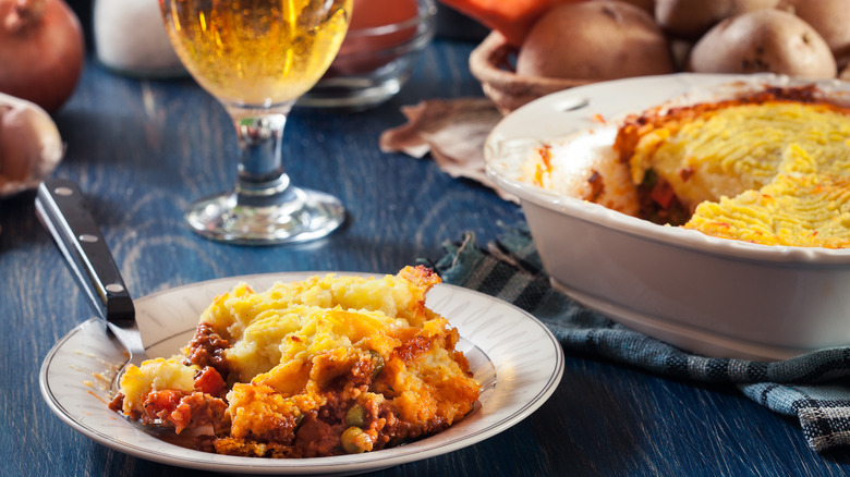 Shepherd's pie and beer glass