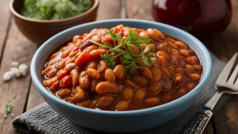 baked beans in blue bowl