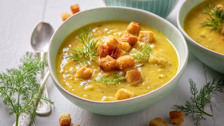 Bowl of soup with croutons