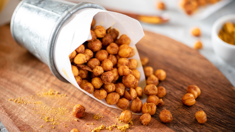 Roasted chickpeas in overturned container