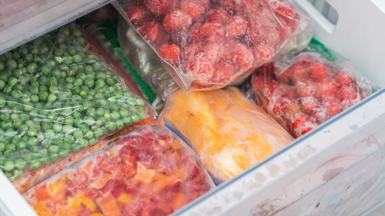 vegetables in bags in the freezer