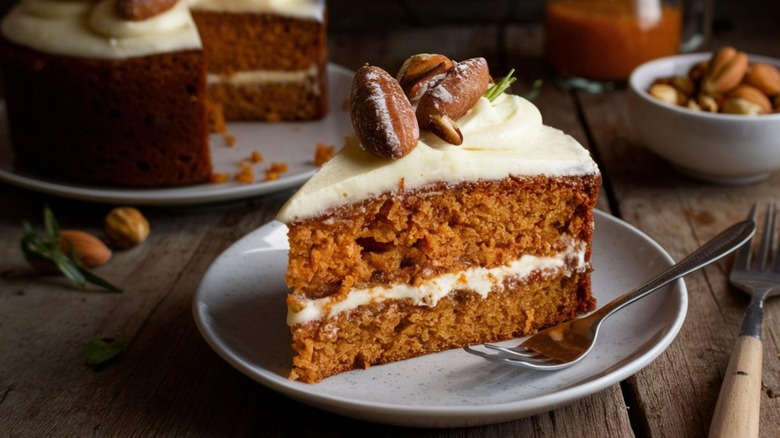 nut-garnished carrot cake on a plate