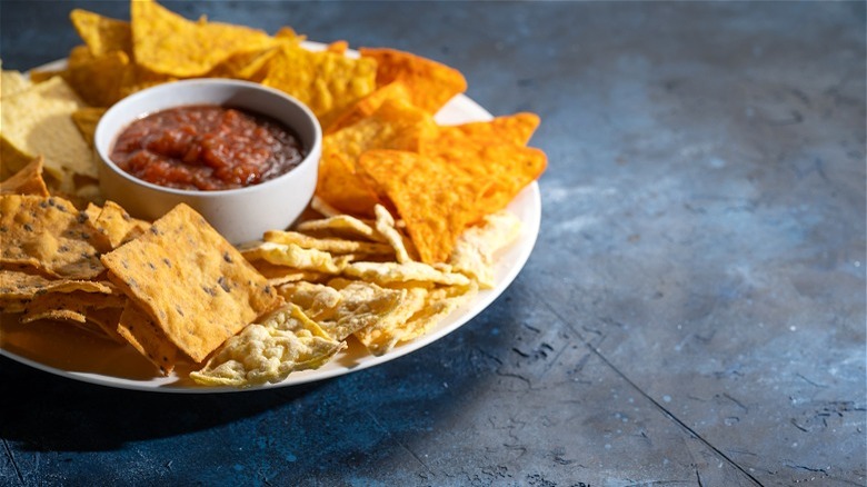 Chips and salsa on a white platter