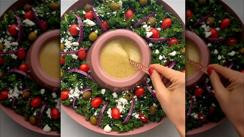 mirror image of kale and tomato salad made in chip and dip bowl