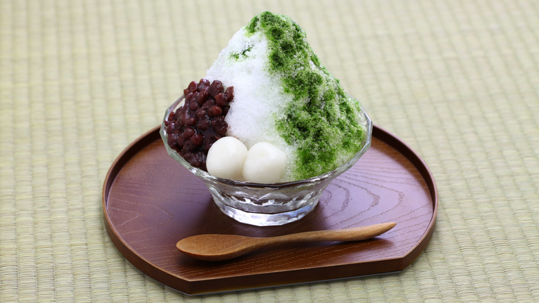 Bowl of kakigori with matcha, dango, and red bean paste