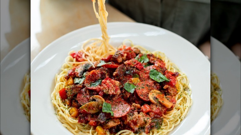 Pasta Napoletana on white plate