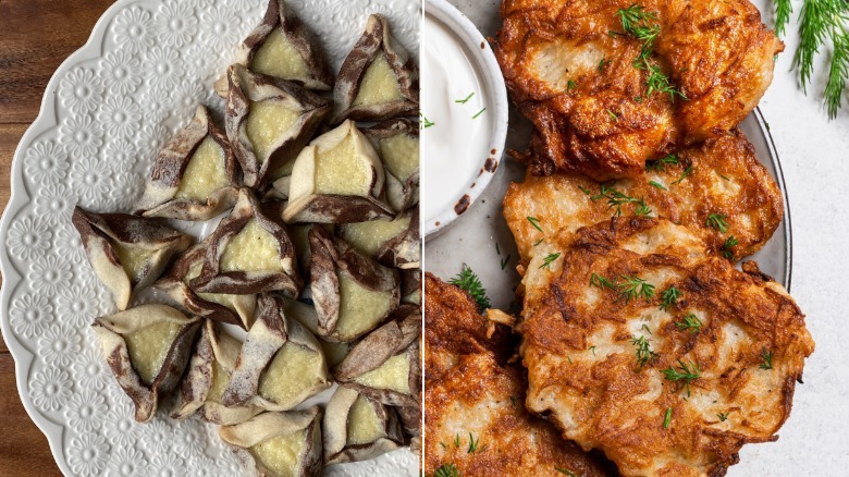 Split image of hamantaschen and latkes