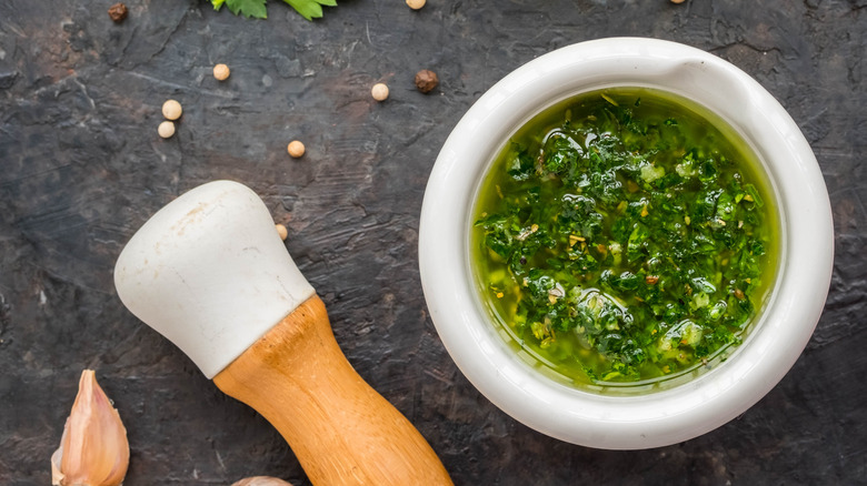 mortar filled with chimichurri