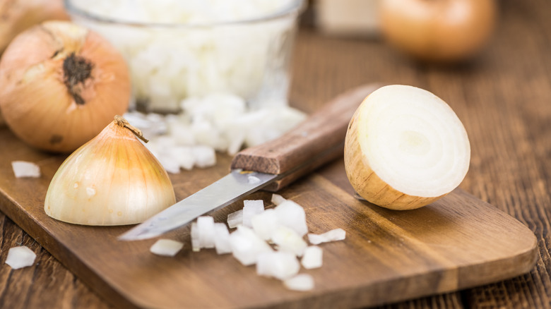 Diced onion on cutting board